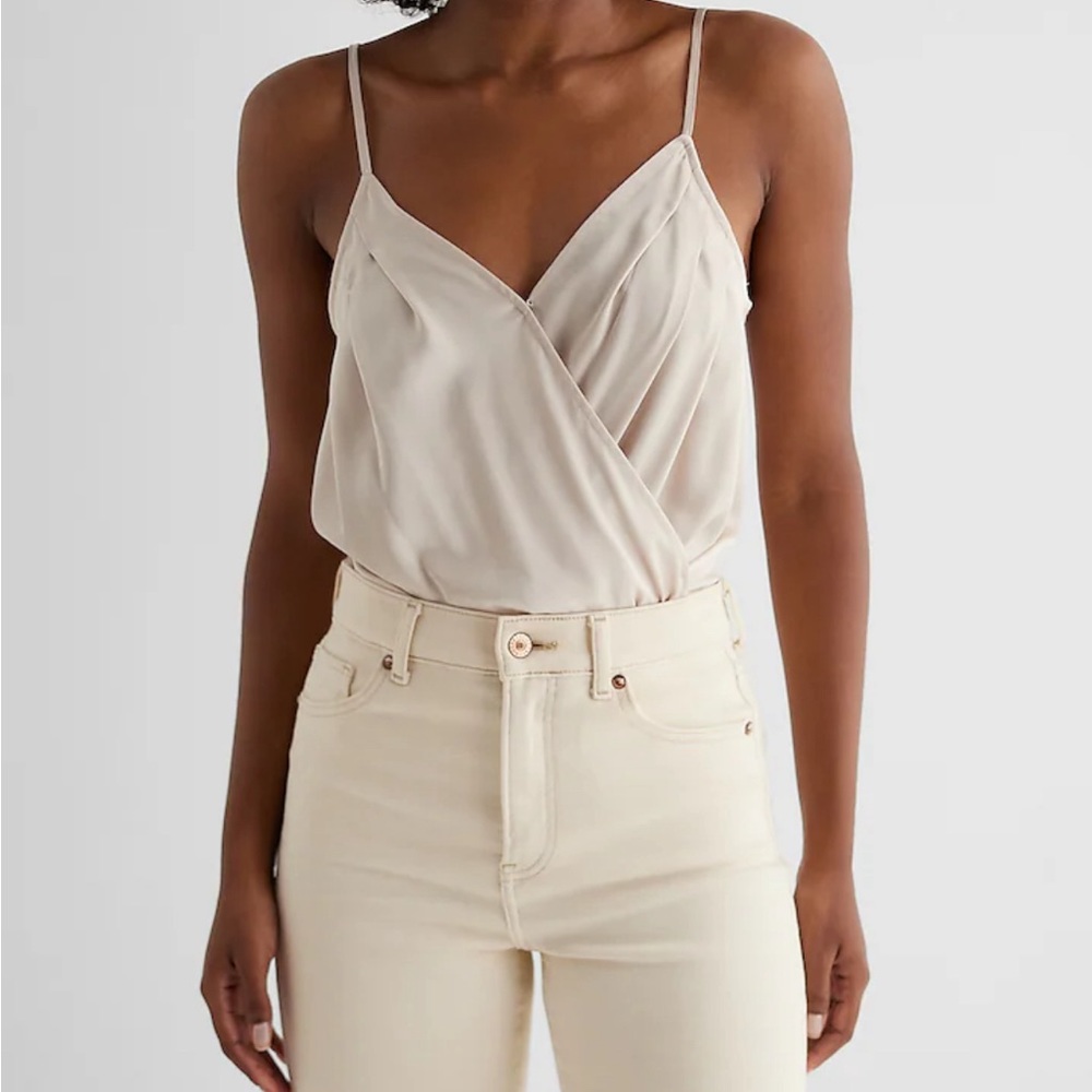 [Express] Faux Wrap Satin Pleated Bodysuit